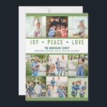 Modern Joy Peace Kärlek Photo Collage Grönt Helgda Julkort<br><div class="desc">Modern jokertecken med Joy Peace Kärlek på den och 9 fotosamlingar.</div>
