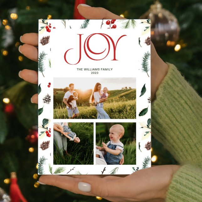 Modern Joy Red Berry Botanical 3 Fotojul Julkort (Spread some cheer and share your favorite moments with this one-of-a-kind holiday card. )