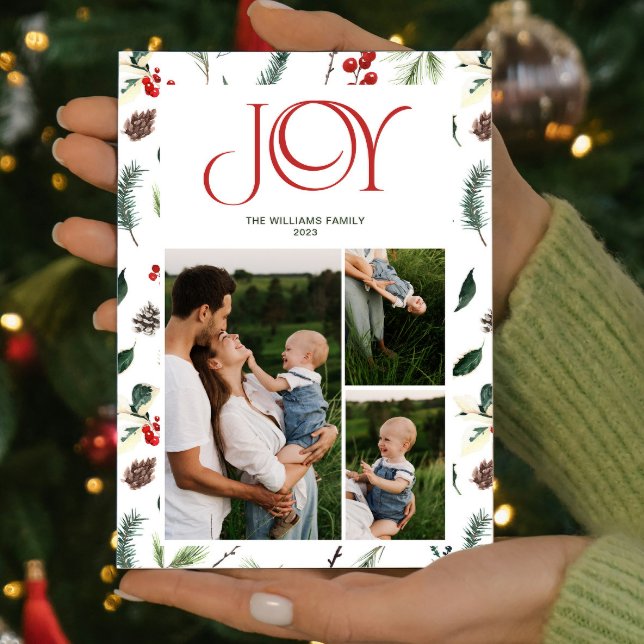 Modern Joy Red Berry Botanical 3 Fotojul Julkort (Spread some cheer and share your favorite moments with this one-of-a-kind holiday card. )
