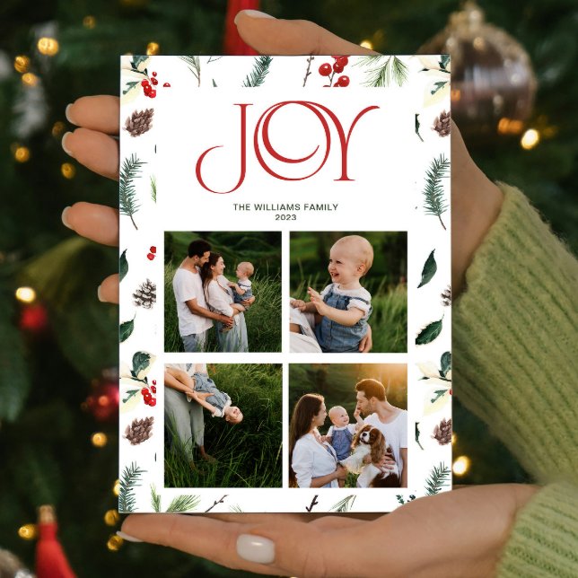 Modern Joy Red Berry Botanical 4 Fotojul Julkort (Spread some cheer and share your favorite moments with this one-of-a-kind holiday card. )