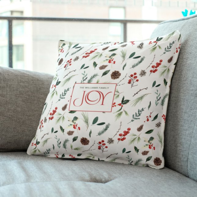 Modern Joy Red Berry botaniskt julfoto Kudde (Celebrate the spirit of Christmas with a cozy new pillow!)