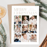 Modern jul Beige 9 Photo Collage Julkort<br><div class="desc">Modern julfotokort med "God jul" som visas överst på designen i trendiget är ett stift med vit bakgrund. En fotokollage med 9 foton visas nedan i en rutnätslayout för stil. Anpassa multifotojulkortet med din familj namn. Kortet återgår till visningen med en beige bakgrund med subtila vita punkter (snö).</div>