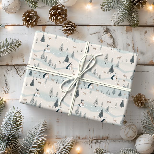 Modern jul Blue och Tan Snowy Village Presentpapper (Skapare uppladdad)