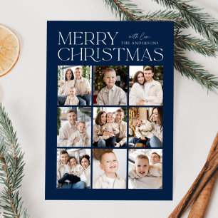 Modern jul collage med 9 bilder i marinblått julkort