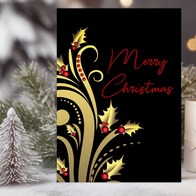 Modern jul för kristna helgkort (Elegant red black gold holly Christian Christmas card with message you can change.)