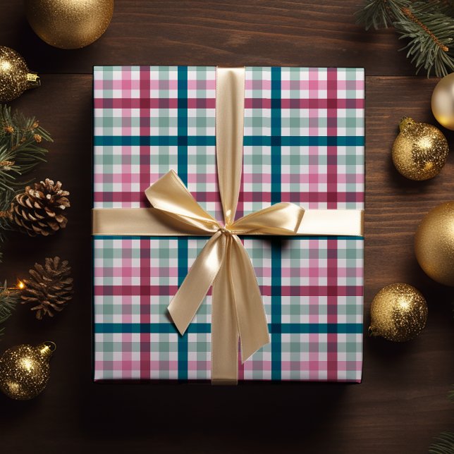 Modern jul Gingham Gift Wrap Presentpapper (Modern Gingham Christmas wrapping paper in pink magenta and teal blue great for winter holiday gift )