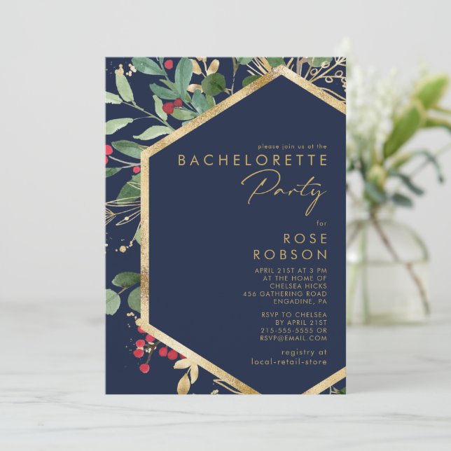 Modern jul Greenery Navy Bachelorette Party Inbjudningar (Stående Fram)