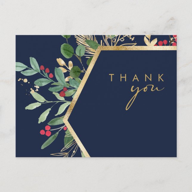 Modern jul Greenery Navy Bröllop Tack Vykort (Framsida)