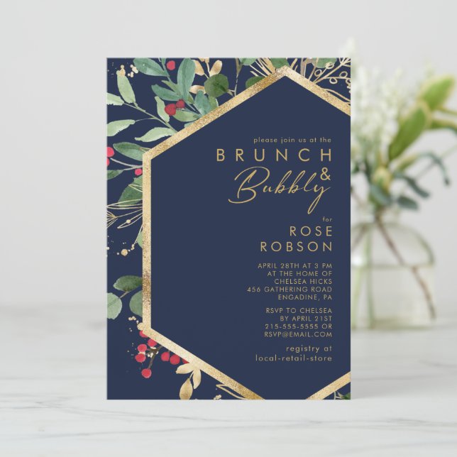 Modern jul Greenery Navy Brunch och Bubly Inbjudningar (Stående Fram)