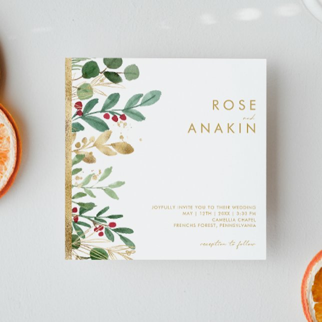 Modern jul Greenery | Vit kvadrat Bröllop Inbjudningar (Skapare uppladdad)