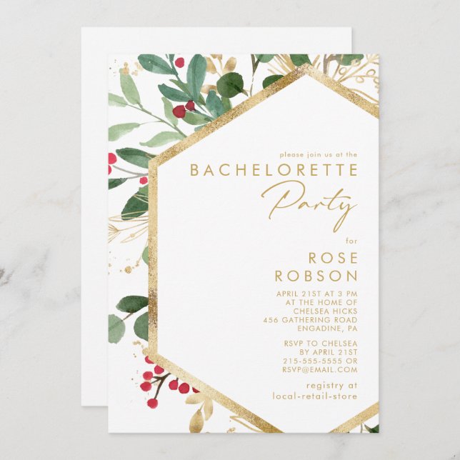 Modern jul Greenery White Bachelorette Party Inbjudningar (Fram/baksida)