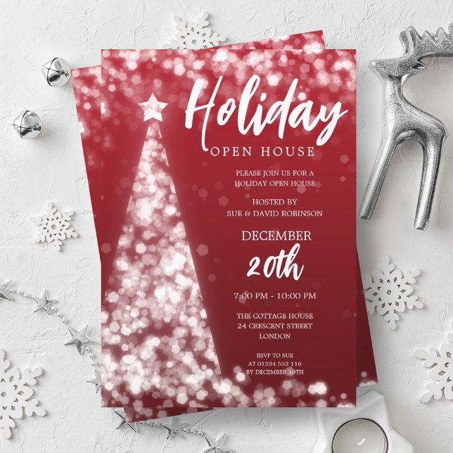MODERN Jul Helgdag Open House Party Red Inbjudningar (MODERN Christmas Holiday Open House Party Red Invitation)