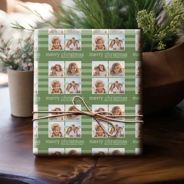 Modern jul - helt enkelt Grönt och vitfoto Presentpapper (Personalized Photo Wrapping Paper)