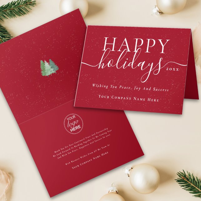 Modern Jul-logotyp för företag på röd snöbakgrund Helgkort (Corporate Christmas business logo elegant script watercolor snowy pine trees happy holiday card)
