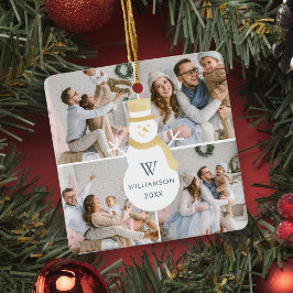 Modern jul - monogram fyra fotfoto i Snögubbe Julgransprydnad Keramik
