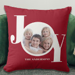 Modern jul-Personlig Photo Red Kudde<br><div class="desc">Lägg till lite Joy till din festliga dekoration i år med denna moderna julfoto Pillow. Det är dekorerat med ord JOY i vit modern typografi på maronröd bakgrund. Anpassade enkelt med ditt foto och namn.</div>