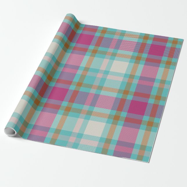 Modern jul Play tartan retro shock rosa aqua Presentpapper (Utrullad)