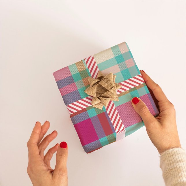 Modern jul Play tartan retro shock rosa aqua Presentpapper (Skapare uppladdad)