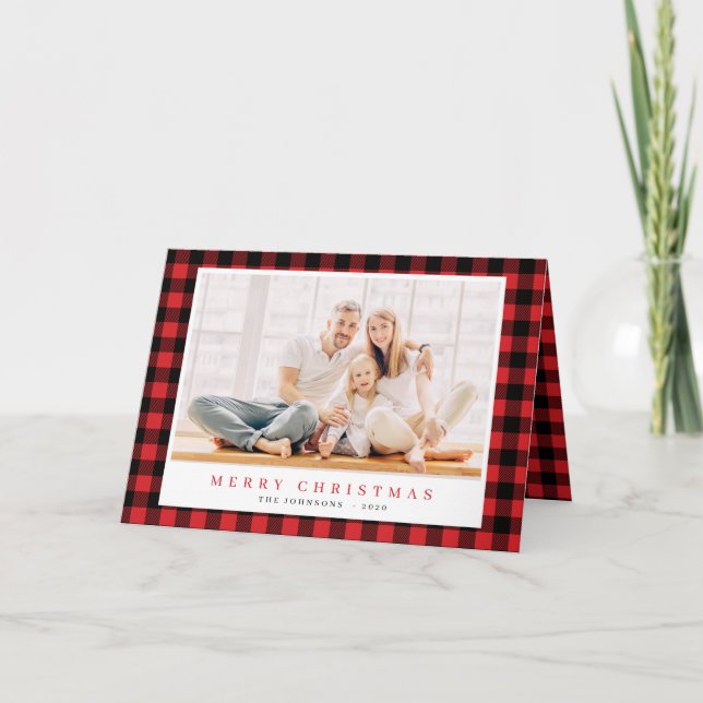Modern jul Red Black Play Tartan Mönster Helgkort (Framsida)