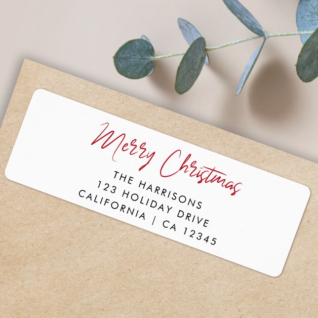 Modern jul | Returadress för rödskript Etikett (Simple Merry Christmas return address envelope labels by Guava for your every holiday mailing needs)