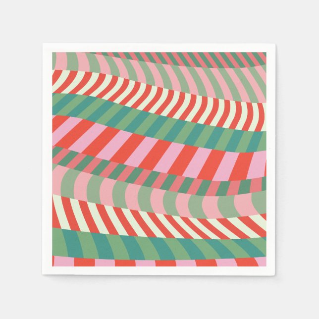 Modern jul röd grön rosa geometriska ränder pappersservett (Framsidan)