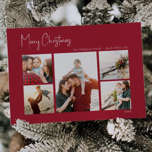 Modern jul | Rött femfoto-Helgdag Julkort (Skapare uppladdad)