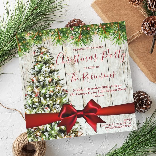 MODERN Jul Rustic Träd, Ljus & Red Ribbon Inbjudningar (MODERN Christmas Rustic Tree, Lights & Red Ribbon Invitation)