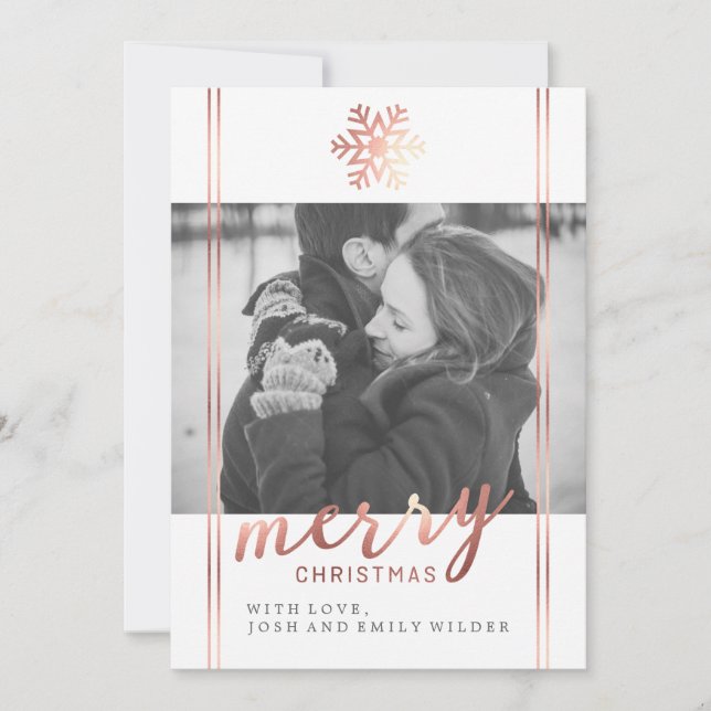 Modern jul snöflinga | Vit och roséguld Julkort (Framsida)