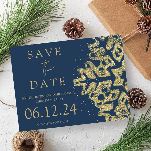 Modern jul sparad datum guld glitter navy meddelande vykort (Modern Christmas Save The Date Gold Glitter Navy Announcement Postcard)