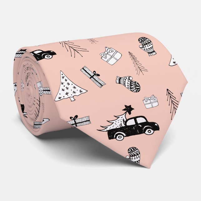 Modern jul svart och vit mönster på rosa slips (Rullad)