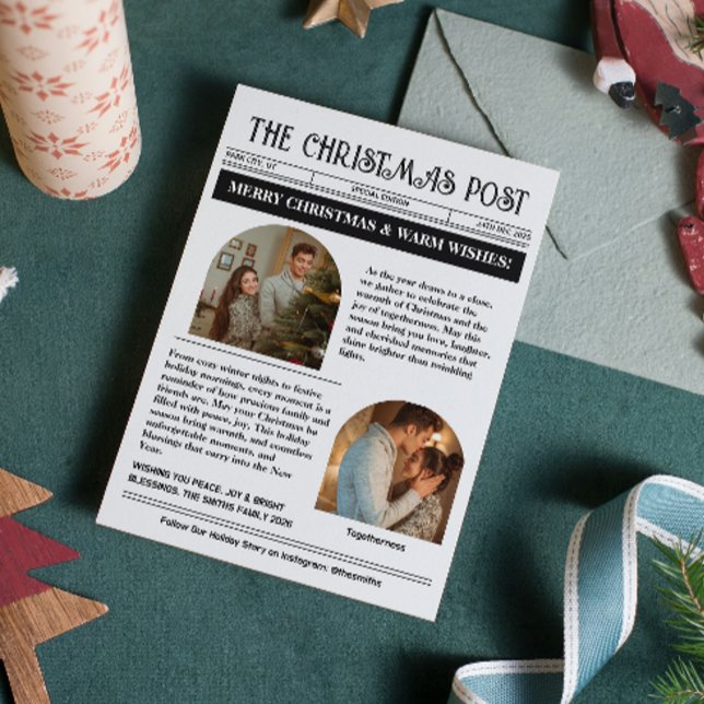 Modern Jul Tidnings Ark Foto Collage Julkort (newspaper christmas year in review what a year black and white photo collage family holiday)