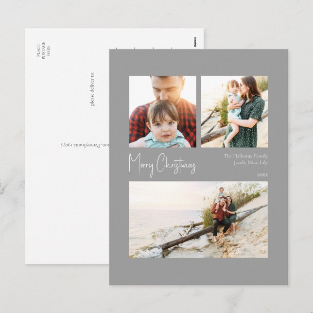 Modern jul | Tre foto med tre socklar i Silver Helg Vykort (Fram/baksida)