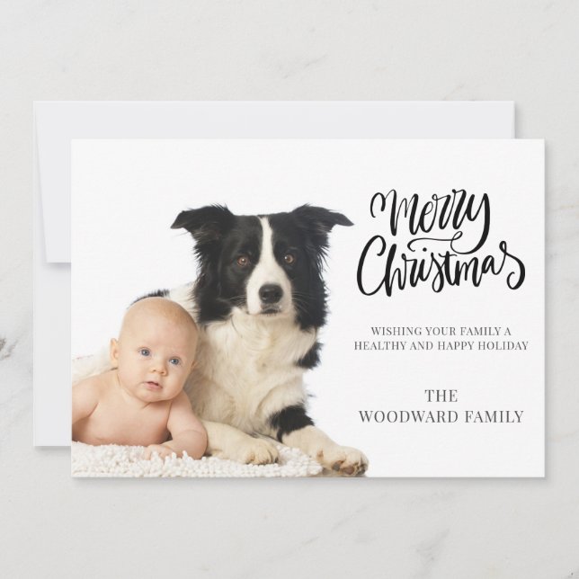 Modern julbild på bebis och hund julkort (Framsida)