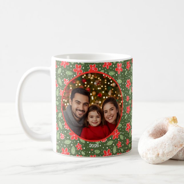 Modern Julblomsdekorerad Personlig Fotomugg Kaffemugg (Med munk)