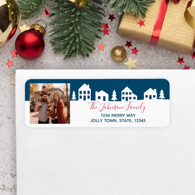 Modern julby Returadress Etikett (Photo Address Label with Christmas Village)