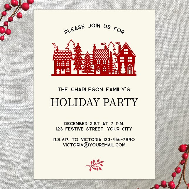 Modern julby-scen för högtidlig fest inbjudningar (Modern Christmas Village holiday party invitation with custom text)