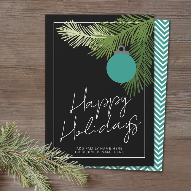 Modern juldekoration - Svart Aqua Icke Foto Julkort (Office Holiday Card - Modern Script Design with Simple Ornament and your logo)