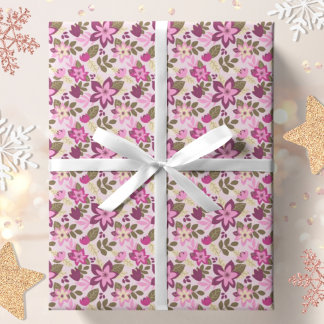 Modern Julens Rosa Blommigt Botaniskt Presentpapper