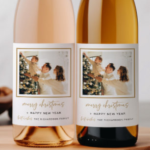 Modern juletikett Vin Flaska - fotoutgåva Guld Vinflaska Etikett