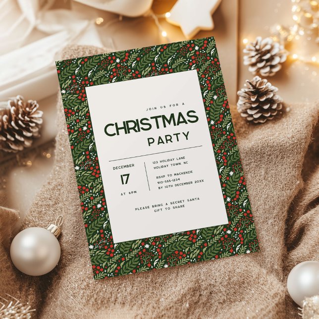 Modern julfest-inbjudan med järnekblad inbjudningar (Holly Leaf Christmas party invitation)