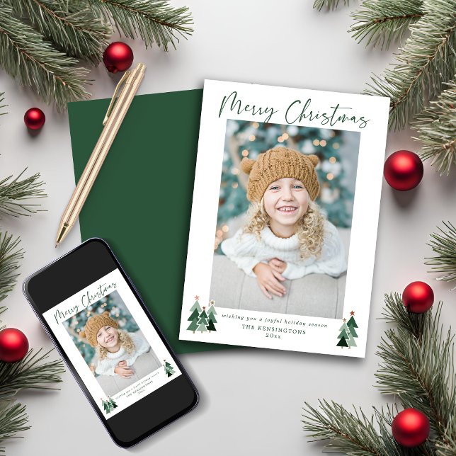 Modern julfoto, Rustic Träd, minimalistiskt Julkort (Rustic Trees Minimalist Modern Christmas Photo Holiday Card)