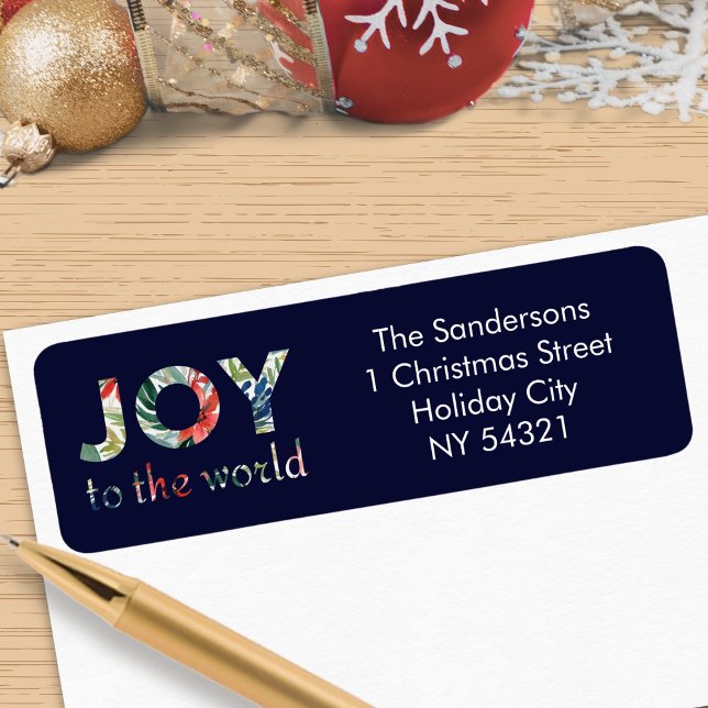 Modern Julglädje Gläd Er Jorden Jul Returadress Etikett (A set of Christmas return address labels with colorful 'Joy to the world' wording)