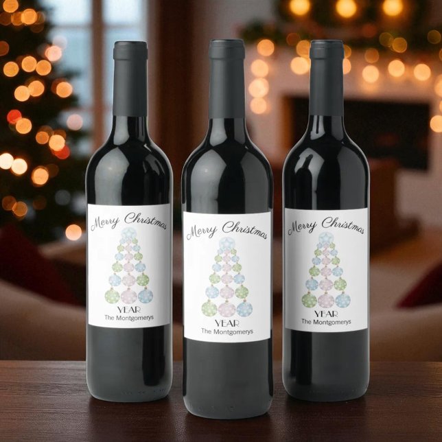 Modern Julgran av pastellprydnadsföremål Vinflaska Etikett (personalized bottle labels)