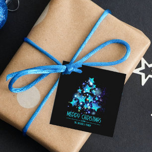 Modern Julgran Blue Stars Ljus på Black Gåvor Etiketter