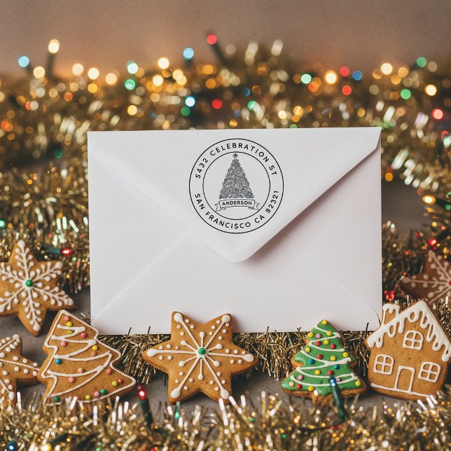 Modern Julgran-familjen Namn Returadress Självfärgande Stämpel (Skapare uppladdad)