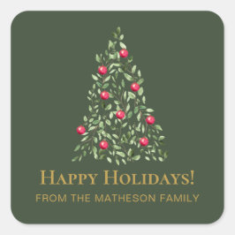 Modern julgran grön röd elegant familj fyrkantigt klistermärke
