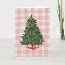 Modern julgran i akvarell i rosa gingham-kort