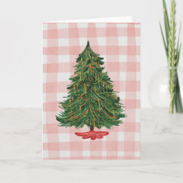 Modern julgran i akvarell i rosa gingham-kort kort