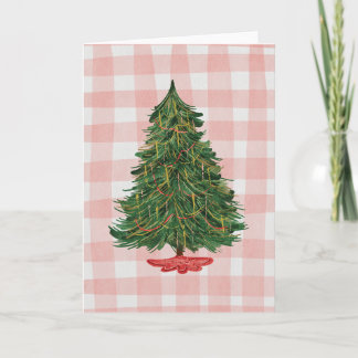 Modern julgran i akvarell i rosa gingham-kort kort