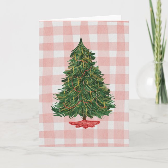 Modern julgran i akvarell i rosa gingham-kort kort (Framsida)